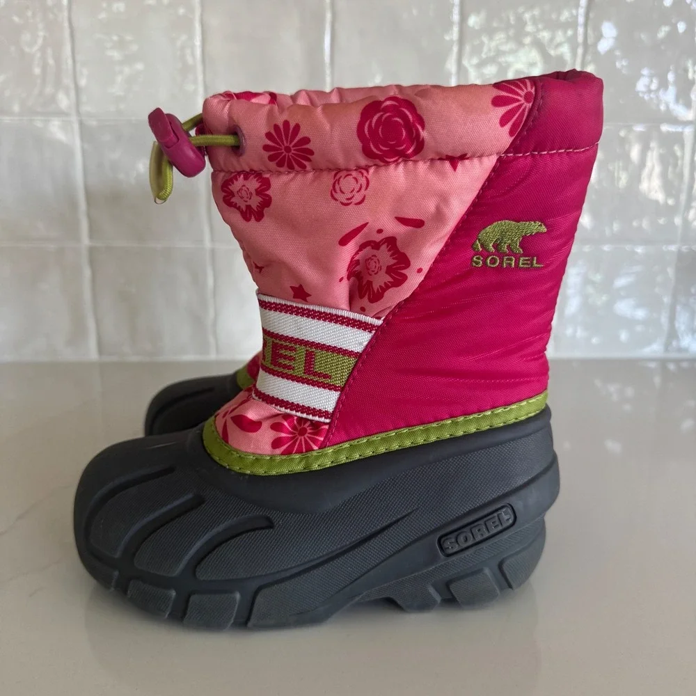 Sorel Snow Commander Boots Girls 10 Pink Floral‎ Waterproof Insulated